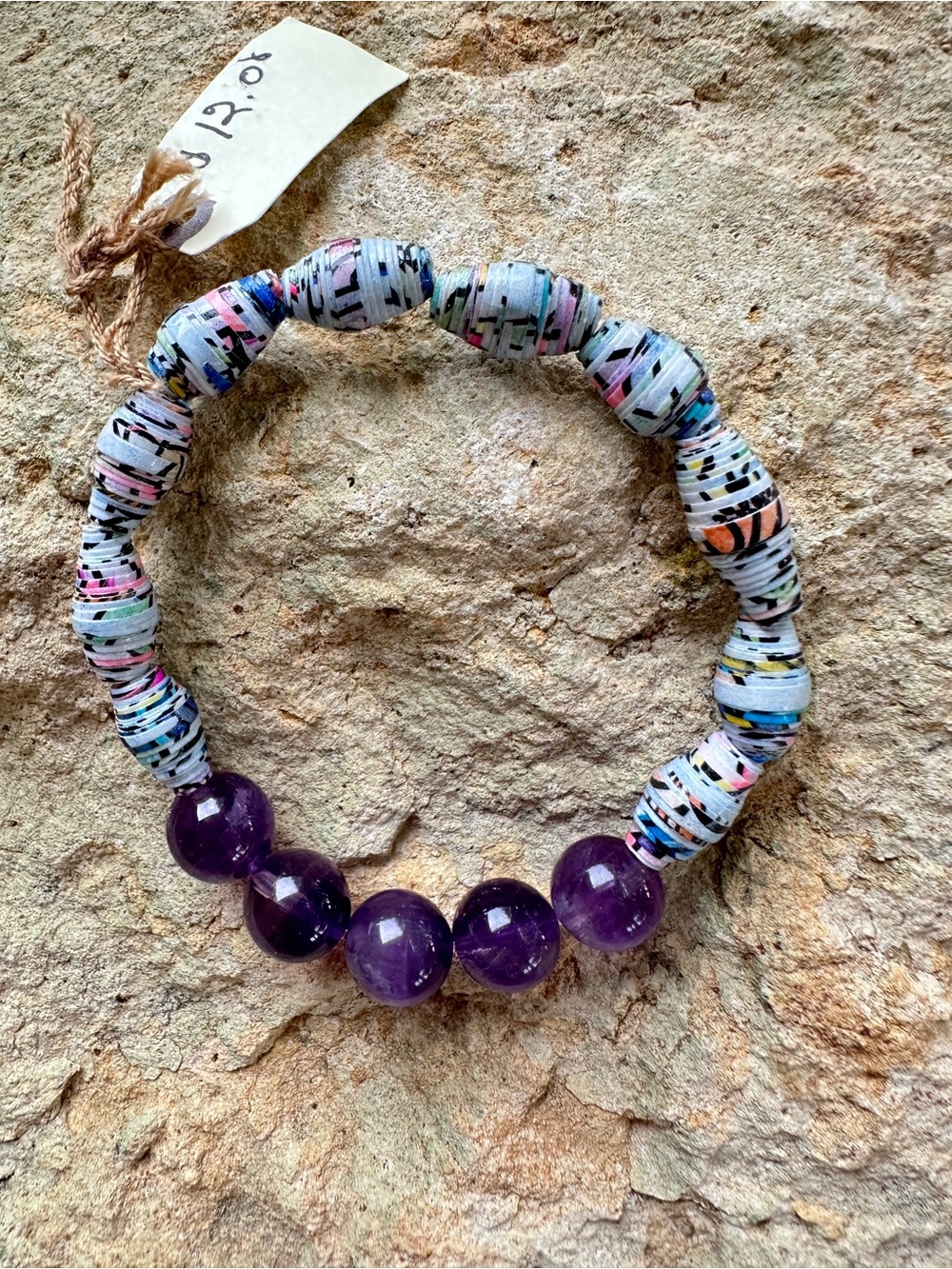 Handmade Purple Bead & Multicolor Paper Bead Stretch Bracelet